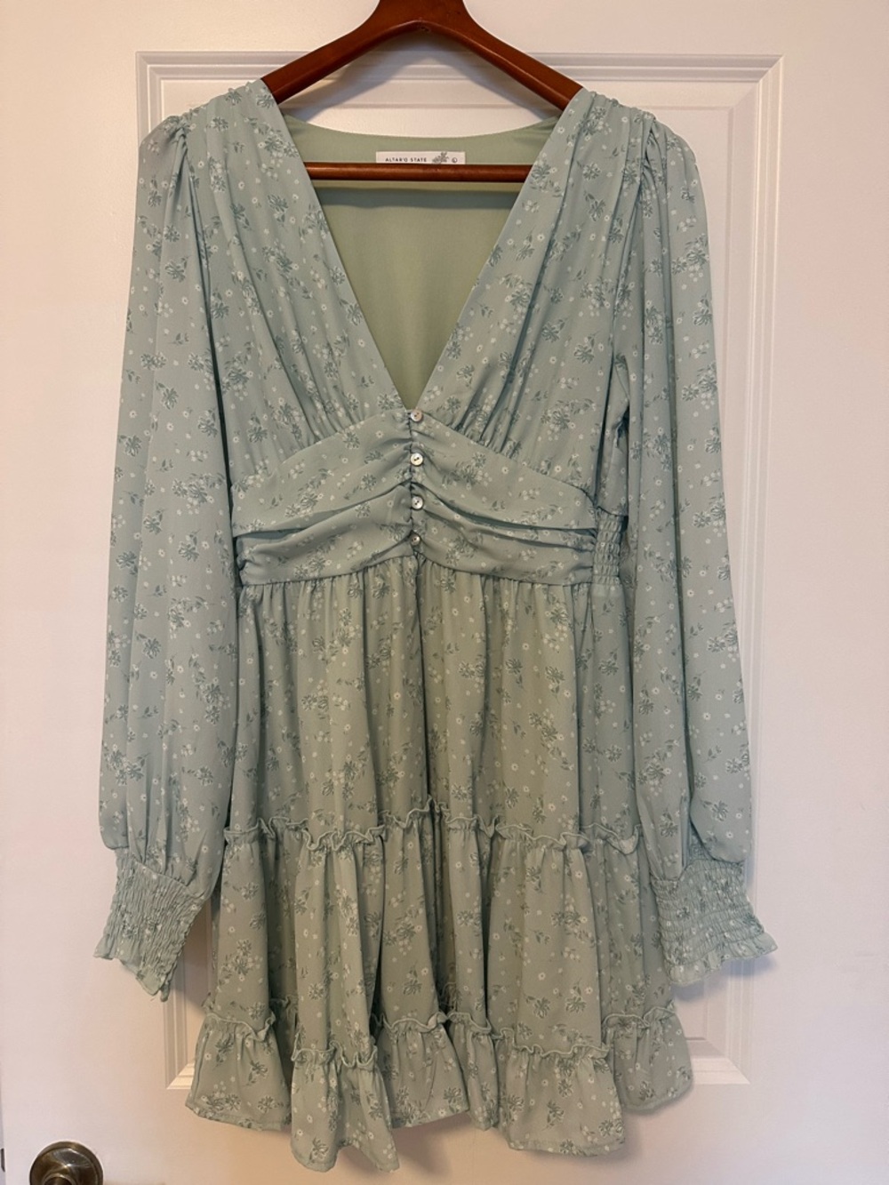 Altar’d State Sage Green Floral V-Neck Tiered Mini Dress